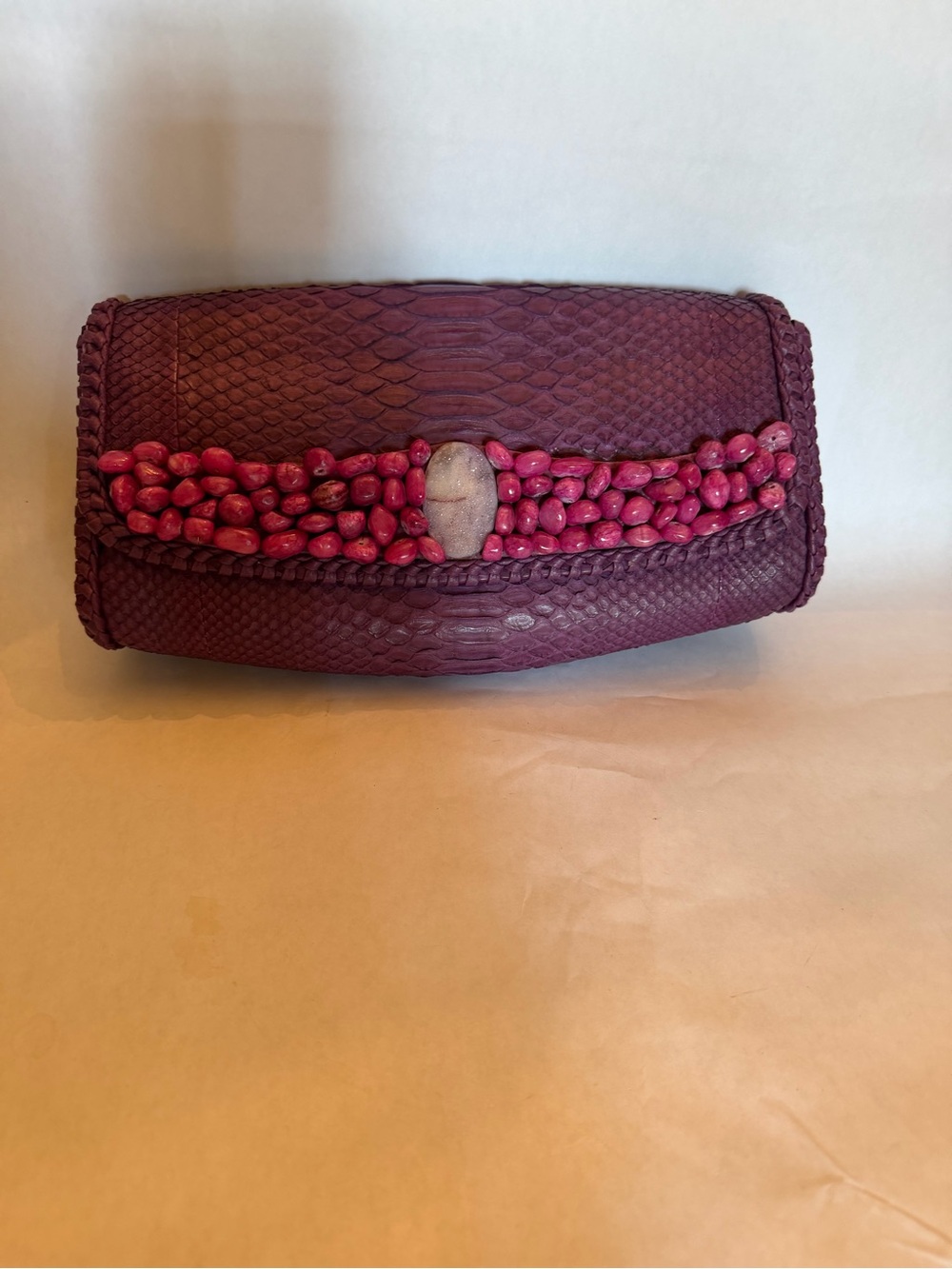 Purple Embossed Clutch with Pink Bead Accent